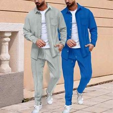 Men Waffle Solid Color Two-piece Lapel Long-sleeved Shirt Trousers Casual Suit
