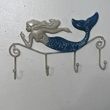 Wall Mounted Key Holder Iron Mermaid Wall Decoration 4 Hooks Keys Towles Etc