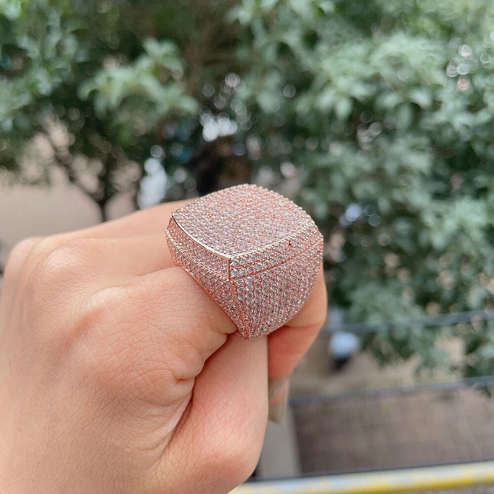 Hip Hop Full 5A Zircon Square Ring Copper 18K Real Gold Plated Thumb Finger Ring - Image 3 of 4