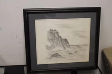 VINTAGE CHARCOAL BEACH CLIFF BIRDS OCEAN SKETCH DRAWING BY SYLVIA 