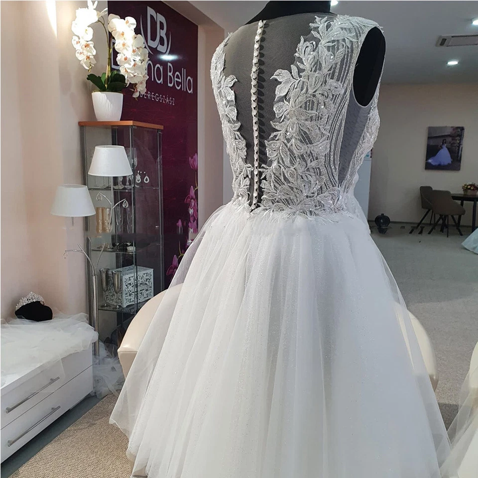 Short Wedding Dresses Glitter Lace Appliques Scoop Neck Knee Length White Ivory - Image 3 of 4