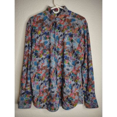 Visconti Black Button Down Shirt Men's Med Geometric Pattern Multicolor Abstract