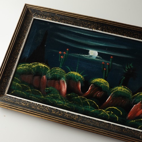 Vintage 70s Cactus Southwest Desert Moon Black Velvet Painting Framed 14x22 - Picture 5 of 21