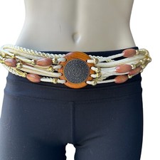 Vintage 1990s Medallion Belt 30.5 Inch Bungee Beige Gold Bead Woven Wide Stretch