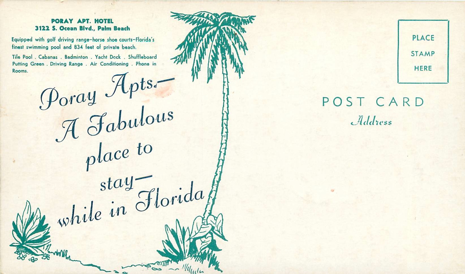 Florida, FL, Palm Beach, Poray Apt Hotel Chrome Postcard Falak Tayyeb