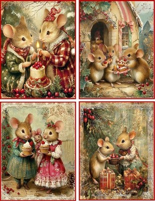 8 assorted Christmas Vintage cozy Mouse family gloss blank folded card set 2