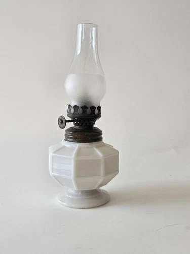 Vintage Embossed Milk Glass & Brass Octagon Mini Hurricane Oil Finger Lamp 6.75"