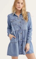 Free People Nicole Denim Shirt Dress XS Tiered Button Front Long Sleeve Boho