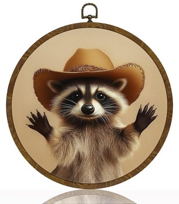 Funny Raccoon Round Wall Art,Vintage Circular Wall Art Framed Canvas Print De...