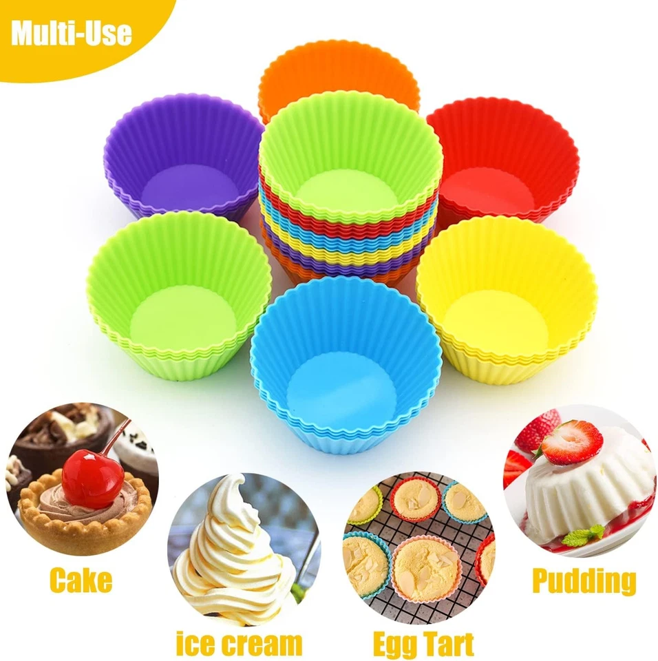 Pack de 24 tazas de silicona para hornear cupcakes, reutilizables y antiadherentes grandes, multicolores  Foto 3 de 4