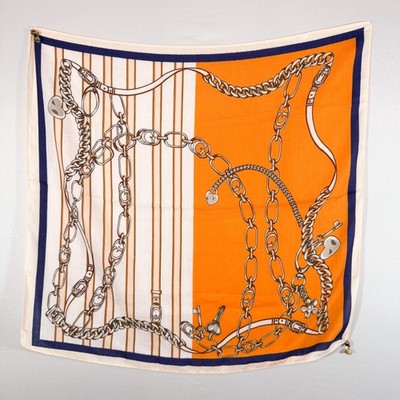 Orange Chain Print Square Scarf 26x26 Viscose Magnet Closure Gold Corner Charms