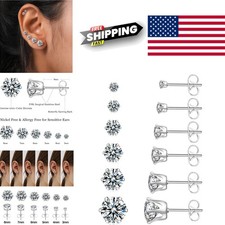 Elegant 6 Pairs Stainless Steel Cubic Zirconia Stud Earrings for Girls and Women