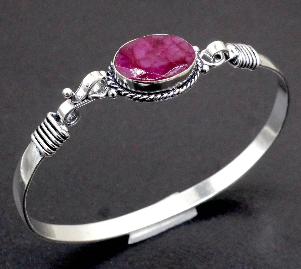 925 Sterling Silver Pink Kashmiri Ruby Gemstone Jewelry Cuff Bracelet Size-ADJ - Image 2 of 4
