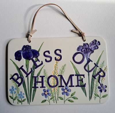 Bless Our Home Ceramic Hanging Plaque Sign Iris Flowers Purple Green Floral JKL