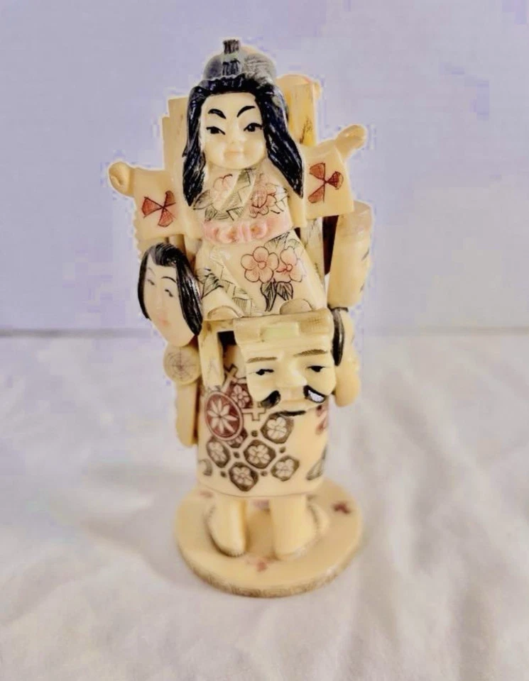 Подписанная японская нэцкэ «Продавец масок» — стоящая фигурка со многими масками - Изображение 4 из 4