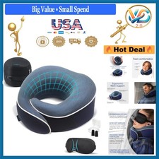 Orthopedic Blue Memory Foam Neck Pillow Travel Set with Eye Mask Earplugs