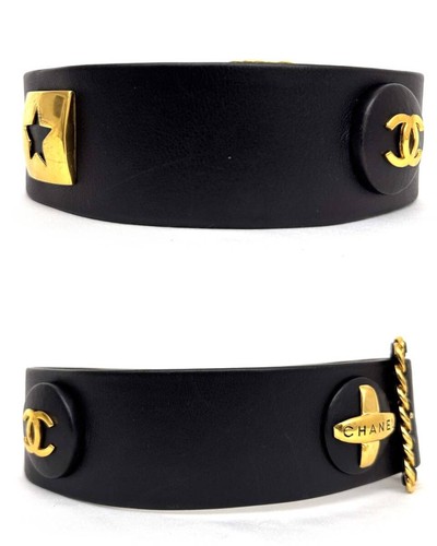 Cinturón CHANEL Cuero Negro Chapado en Oro Logo CC Iconos Cadena Hebilla 93A 60/24 - Imagen 10 de 10