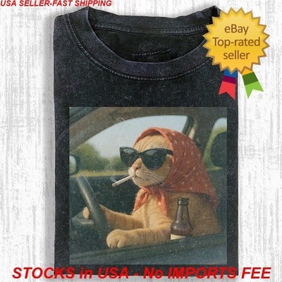Retro 90s Cat Driving Shirt Funny Vintage Animal Pop Culture Meme Graphic Tee