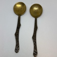 2 VTG Unusual Tree Limb Handle Cast Metal Brass Tone Sugar Serving Spoon Rare