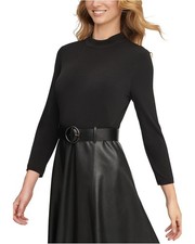 Calvin Klein Dress Women's 8 Black Matte Jersey PU Leather Belted A-Line DDR2505