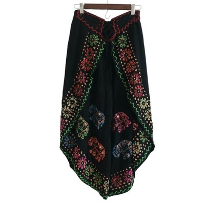 NWOT Embroidered Elephant Lace Up Harem Tiered Palazzo Pants M Black India Boho