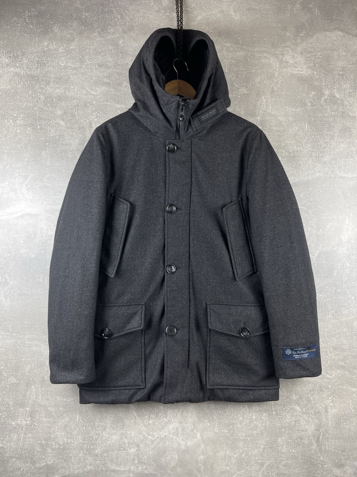 Woolrich Loro Piana Storm System Down Tweed Hooded Jacket Gray Size S Made in IT