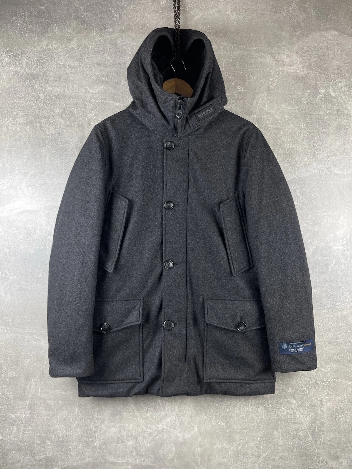 Woolrich Loro Piana Storm System Down Tweed Hooded Jacket Gray Size S Made in IT