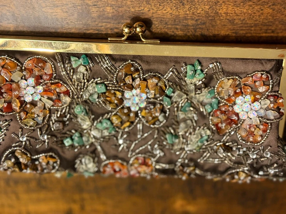 PRESTON & YORK Lined SATIN BEADED Brown Evening Tote Purse Bag Gold Coil Strap - Image 2 of 4