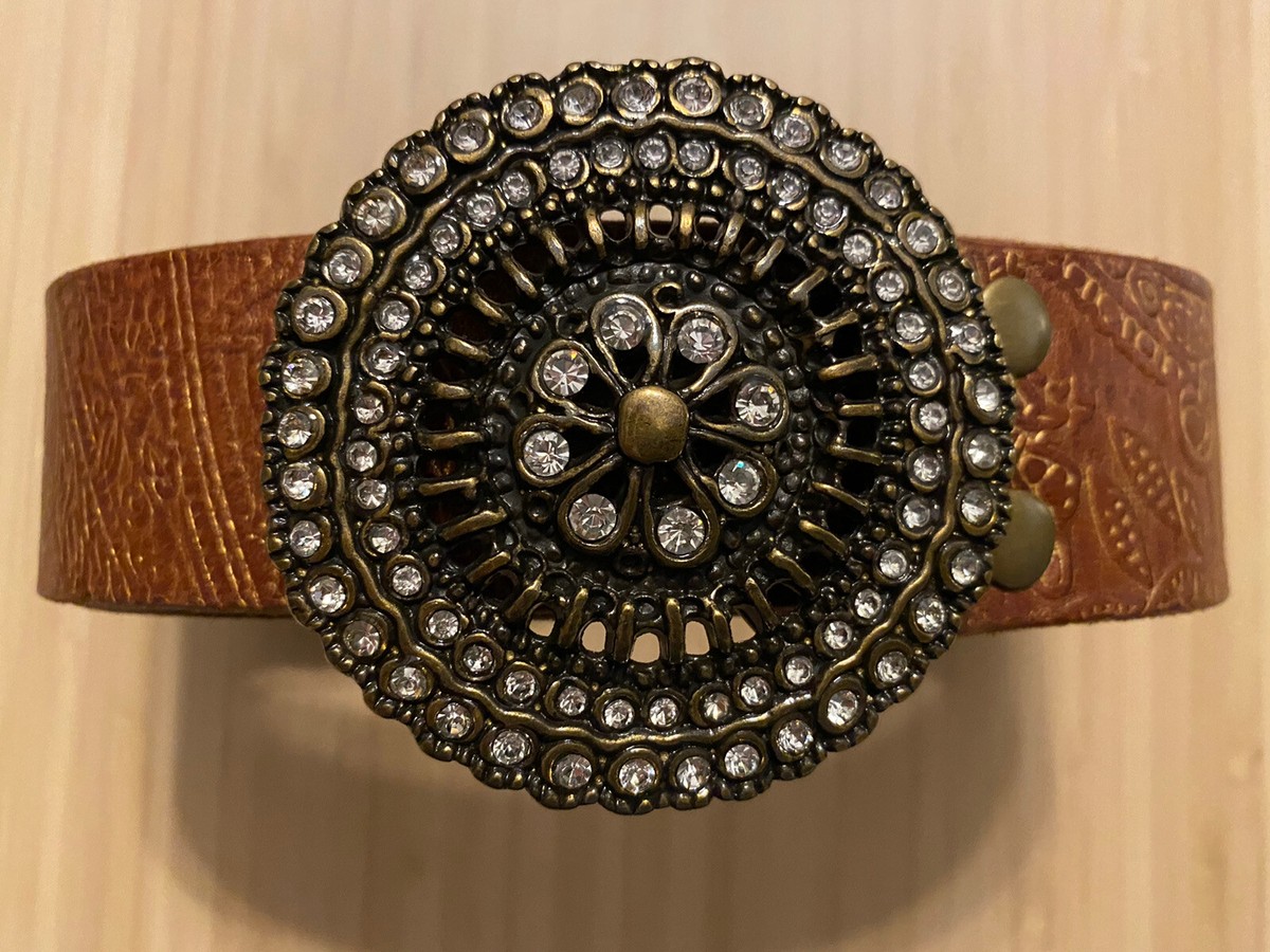 Fossil Beaded Classic Leather Brown Women’s Belt Rhinestone Buckle Size M Fossil Women main image 2