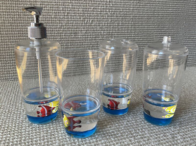 Floating Fish Acrylic Soap Tumbler Toothbrush Holder Cotton Q-Tips Bathroom Set