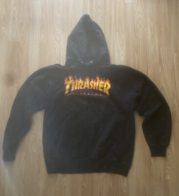Thrasher Hoodie Mens Medium Black Skater Sweatshirt Drawstring Pockets Graphic