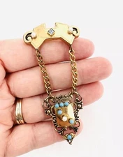 Long Victorian Revival Rhinestone & Faux Turquoise Dangle Brooch Vintage Jewelry