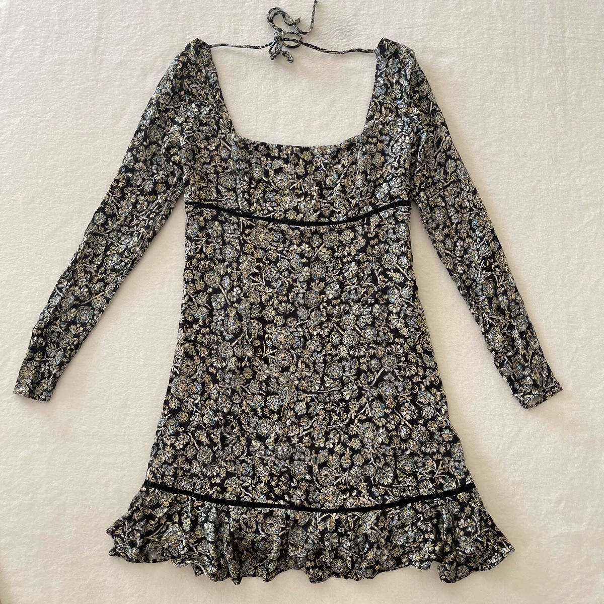 Free People Boheme Mini Dress Floral Print Ruffle Hem Black Sz 2  Cottagecore | eBay