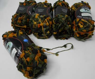 5 Skeins Dark Horse Pixie Pom Pom Yarn Green Gold Orange #104