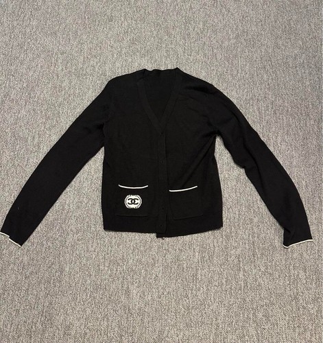 CHANEL Cardigan White Coco Mark Black Wool Acrylic V-Neck Long Sleeve Size 38