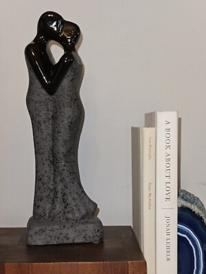 Mid Century Ceramic Glazed Embracing Couple Sculpture   Two Tone Black    11.5''H