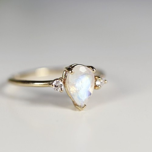 Pear Cut Moonstone 14K Yellow Gold Plated silver Art Deco Proposal Ring - Picture 6 of 6