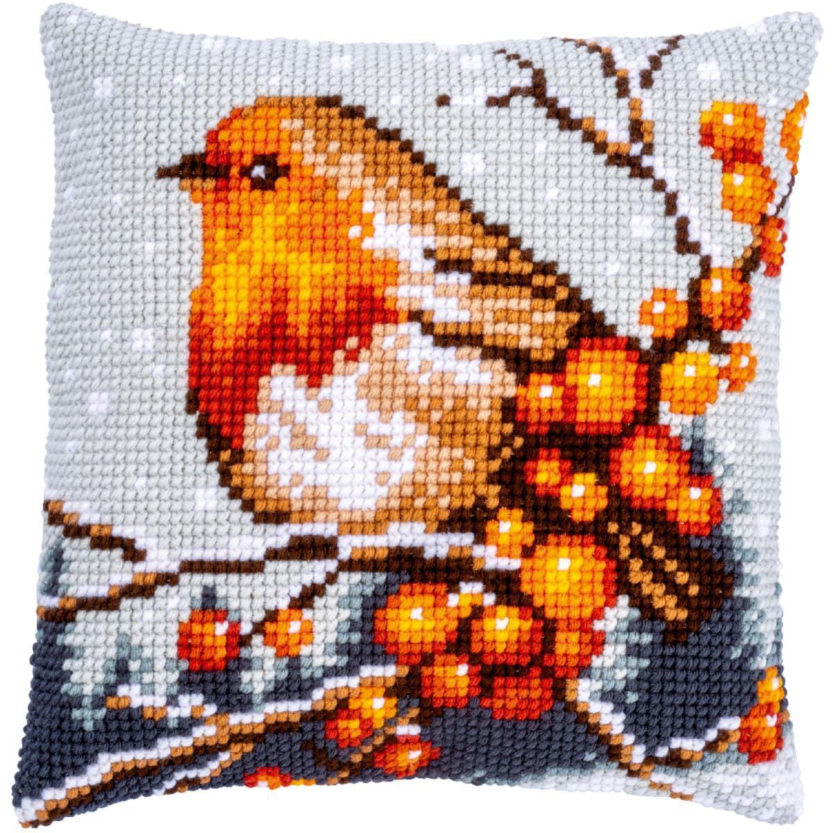 Vervaco stamped cross stitch kit cushion ""robin"", 40x40cm, DIY