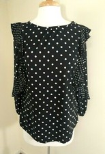Chaps Womens Ruffle Detail Top Black Polka Dot 3/4 Sleeve Sz M Stretch Casual 