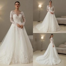 Luxury A-Line Wedding Dresses Scoop Neck Long Sleeves Lace Applique Bridal Gowns