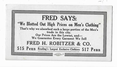 Old Advertising Premium Blotter Fred Robitzer Reading PA Clothier Men's Clothing