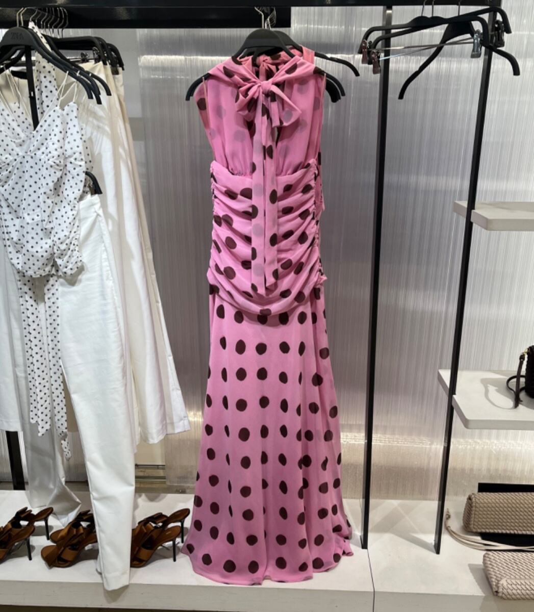 ZARA NEW WOMAN HALTER RUCHED POLKA DOT MAXI DRESS PINKS XS
