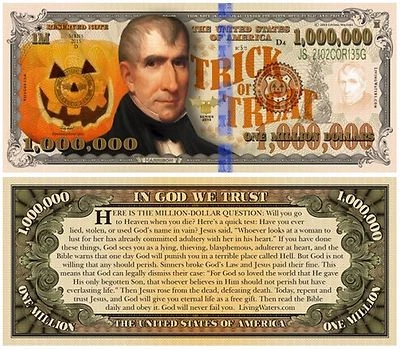 Halloween Million Dollar Bill Funny Money Gospel Tract Novelty Note +FREE SLEEVE
