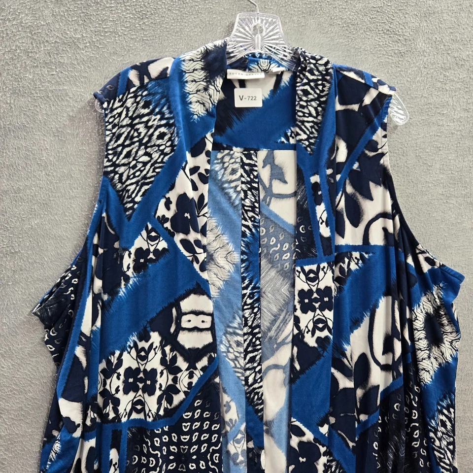 Suéter de mujer Susan Graver 3XL azul geométrico sin mangas cárdigan frente abierto Foto 3 de 4