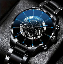 Fashion Mens Black Blue Stainless Steel Quartz Watch Sport Business Wristwatch