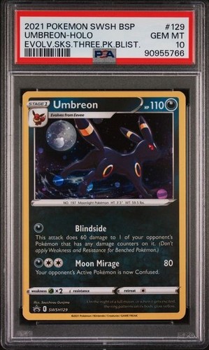 POKEMON UMBREON 2021 SWSH BSP #129 HOLO EVOLV.SKS.THREE.PK.BLIST. PSA 10