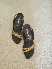 PRADA DARK BROWN/TAN STRAPS LEATHER SANDALS SIZE- 6.5 Made in Italy