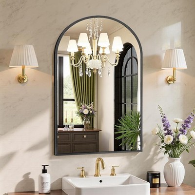 Arched Bathroom Mirrors for Wall,Metal Framed w/ Shatter-Proof Glass,Gold/Black