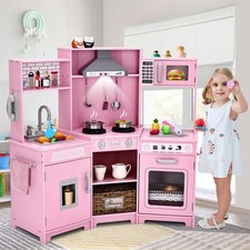 Kids Pretend Play Corner Kitchen Wooden Toy Set w/ Lights,Sounds Girls Gift Pink