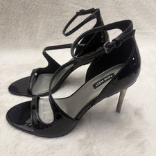 NINE WEST Woman's Shimmy Black Patent Strappy Stiletto Sandals Size 10M NWOB